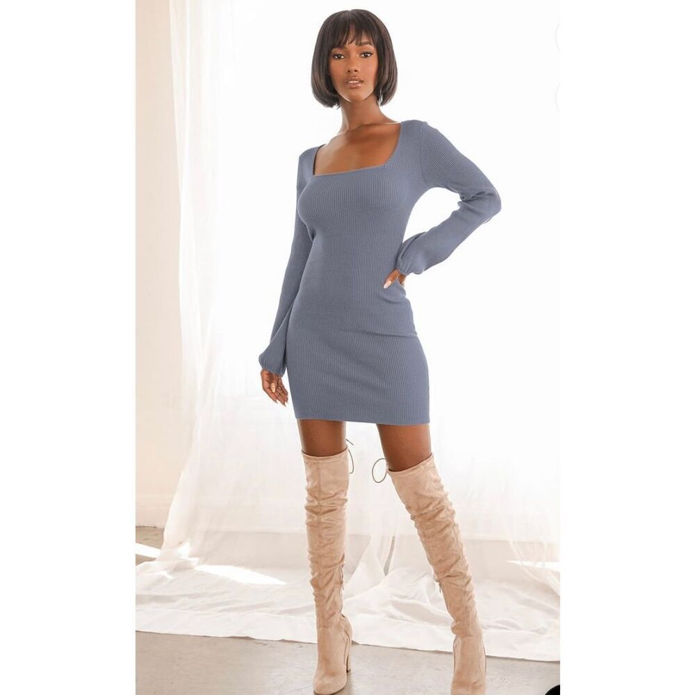 Lulus Best Guess Dusty Blue Ribbed Bodycon Sweater Dress NWT